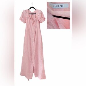 NWOT Sleeper Pink Linen Maxi Dress Size XL Puff Sleeve Button Front Romantic